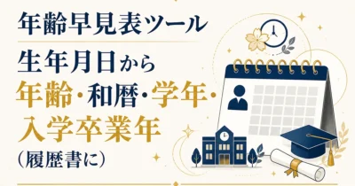 年齢早見表ツール｜生年月日から年齢・和暦・学年・入学卒業年（履歴書に）