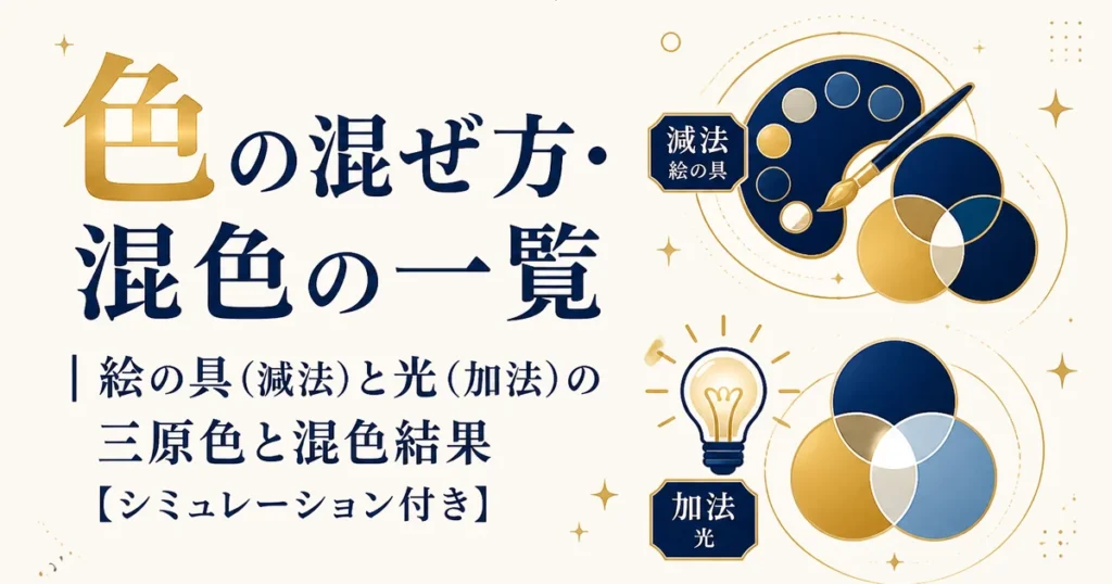 色の混ぜ方・混色の一覧｜絵の具（減法）と光（加法）の三原色と混色結果【シミュレーション付き】
